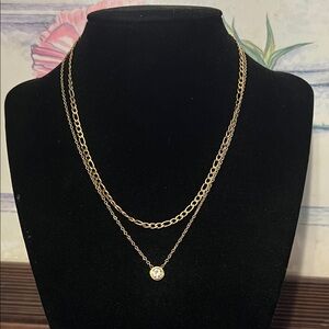 Gold plated stainless steel layered round stone necklace